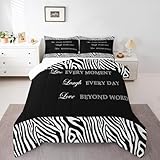 Teens Black and White Stripes Comforter Set Queen Size,Live Laugh Love Bedding Set for Boys Girls Bedroom Decoration,Zebra Skin Printed Bed Duvet Insert,Animals Stripes Comforter with 2 Pillowcase