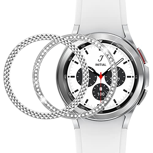 Surace Bezel Ring Styling Compatible with Galaxy Watch 42mm/ Galaxy Watch 4 Classic 42mm Bezel Adhesive Cover Anti Scratch Stainless Steel Protection 2-Pack, (Diamond/Rhombus, Silver)
