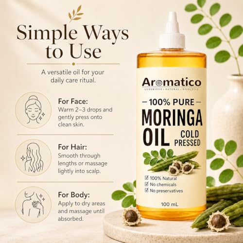 Image of AROMATICO Moringa Oil for Skin, Hair and Body Care, Multipurpose Carrier Oil for Massage, Scalp Care, Dry Skin Routine, DIY Beauty and Natural Glow - 100ml