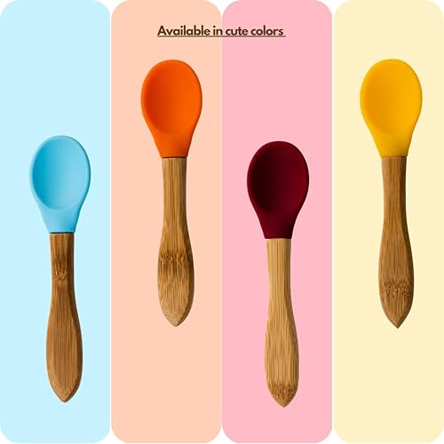 Miniatura 6 de Babynow - Cucharas de bambú para bebés y niños pequeños de 6 meses en diseños de bambú y punta suave, color burdeos, paquete de 2