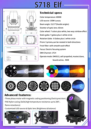 V-Show S718 Elf Led Spot Moving Head -  150W Stage Moving Head Light 6 Gobos 7 Gobos 7 Colors 17 Channels 5 Prism Dmx 512 With Sound Activated For Wedding Dj Party Stage Lighting #TOP1