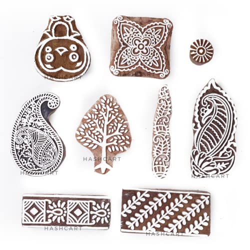 Image of Hashcart | Set of 10 | Multi Shape Designer Stamps for Scrapbooking | Wooden Blocks for Project Designing | Henna Mehndi | Clay | Pottery Craft | Saree Border | Project Making