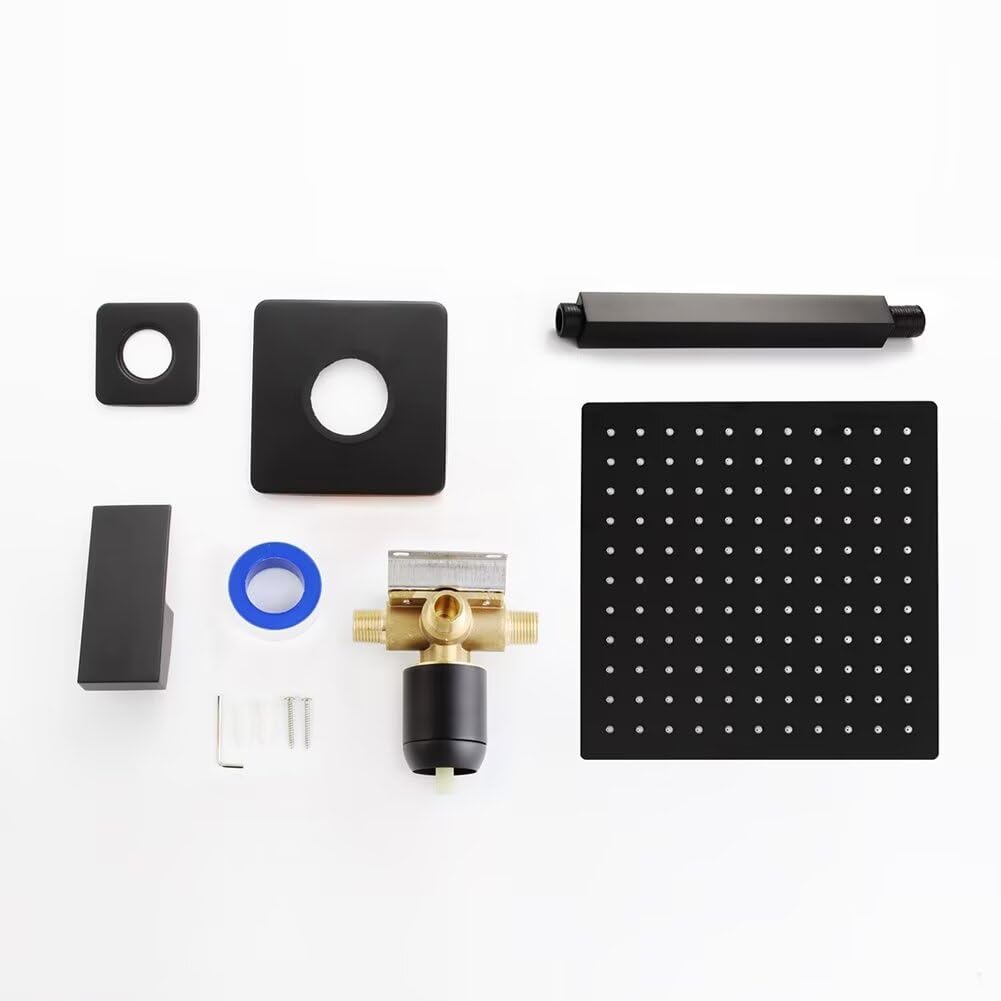 Ceiling Mount Rainfall Shower System Matte Black | 10 Inch Square Shower Head With Rough-in Valve