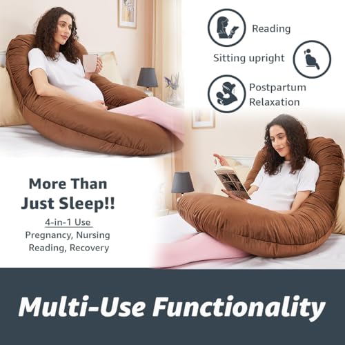 Image of Amazon Basics Full Body Pregnancy Pillow for Maternity,Baby Nursing,Full Body Support-Abdomen,Hip,Spine,Neck&Leg Support Cushion| Perfect Baby Shower Gift |J-Shaped-Washable Cover with Zip - Brown