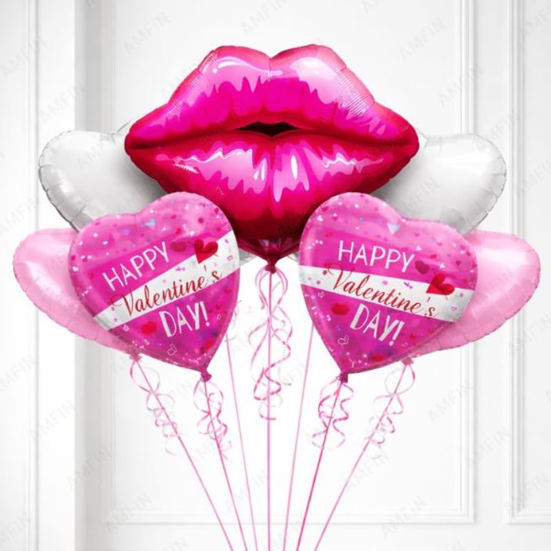 Image of AMFIN (Pack of 7) Happy Valentine's Day Foil Balloon Bouquet Lips Romantic Decoration Item - Pink White