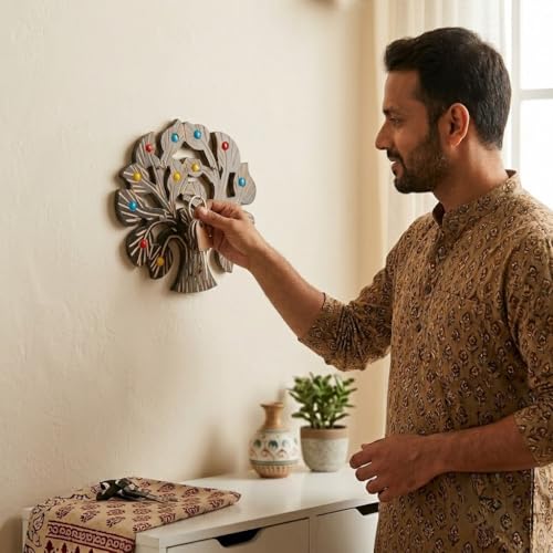 Image of Wooden Tree of Life Wall Key Holder with Colourful Beads, Decorative Hook Organiser