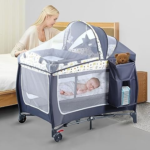 4 in 1 Pack and Play,Portable Baby Nursery Center Baby Playard with Bassinet &Changing Table,Foldable Baby Crib Travel Playpen with Wheels,Removable Canopy with Toys,Storage Bag (Grey) Cover