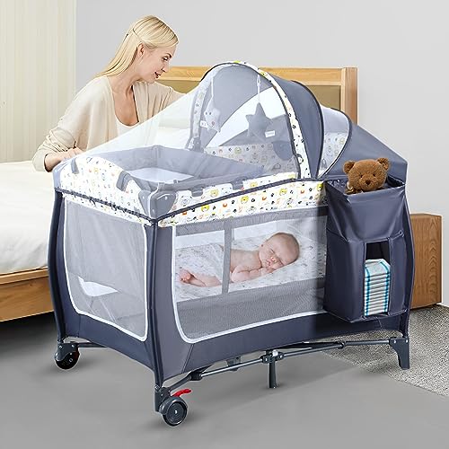 Image of 4 in 1 Pack and Play,Portable Nursery Center Baby Playard with Bassinet &Changing Table,Foldable Baby Crib Travel Playpen with Wheels,Removable Canopy with Toys,Storage Bag (Grey)