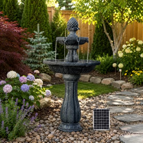 Image of XBrand 44 inch H Gray Fiberglass /Resin 2-Tier Solar Water Fountain w /Solar Panel and Auto-Shut Off Pump, Solar Garden Fountain, Tall Outdoor Fountain, Two Tiered Birdbath Fountain
