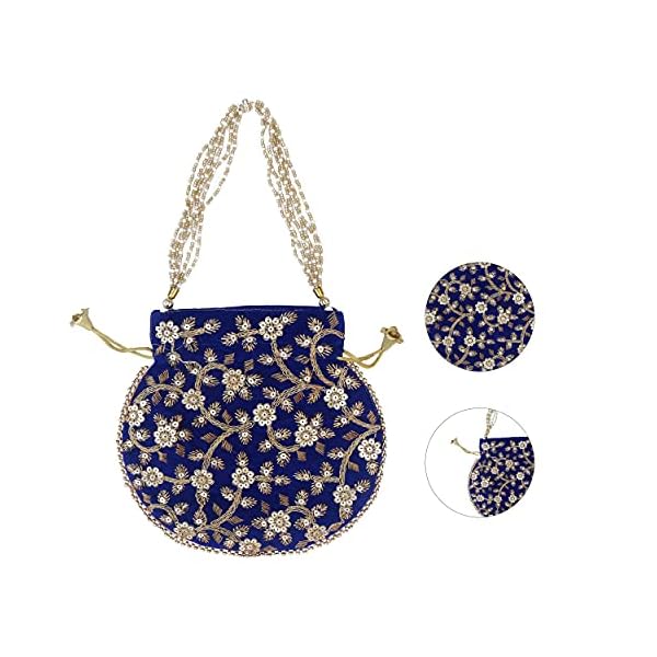 JSRS CREATIONS Blue handicrafts and jewellery Potli Wristlets Ethnic Potli For Women's | Designer Rajasthani Style Royal Clutch velvet Batwa Bag | Zari Work Potli | Bridal Potli | Potli Bags - Image 6