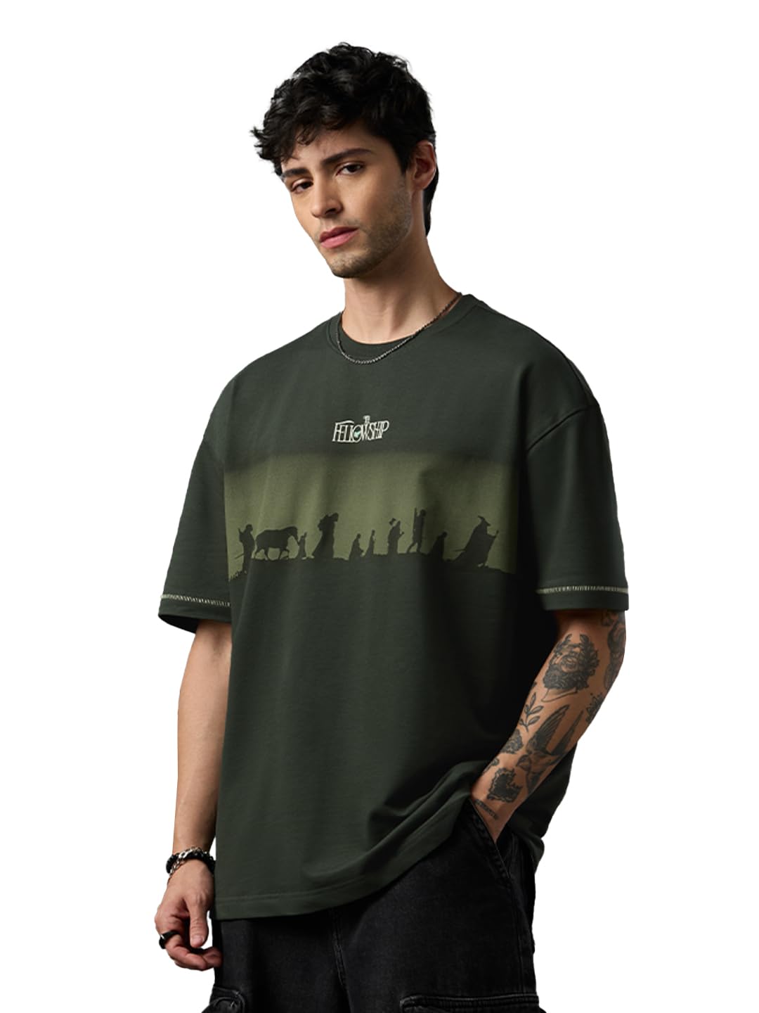 the souled store LOTR: The Return Men and Boys Short Sleeves Round Neck Dark Olive Green Graphic Printed Casual Lightweight Drop Shoulder Streetwear Trendy Oversized T-Shirts-picture-47