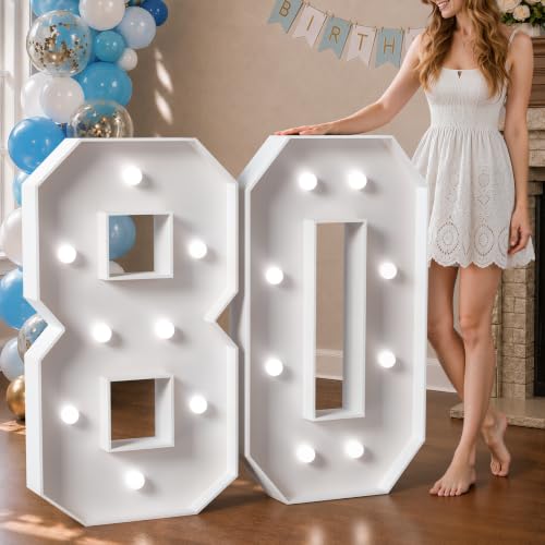 Image of Marquee Numbers 3 Feet Tall Big Light Up Numbers 80th Birthday Decorations Women Men White Anniversary Party Decor Large Cardboard Prop Backdrop Sign 80 | Cool White Light, Large 80th Anniversary Party Decor, Big Stable Sign, Assembly Required, Foam Board 40 Pcs Accessory Set