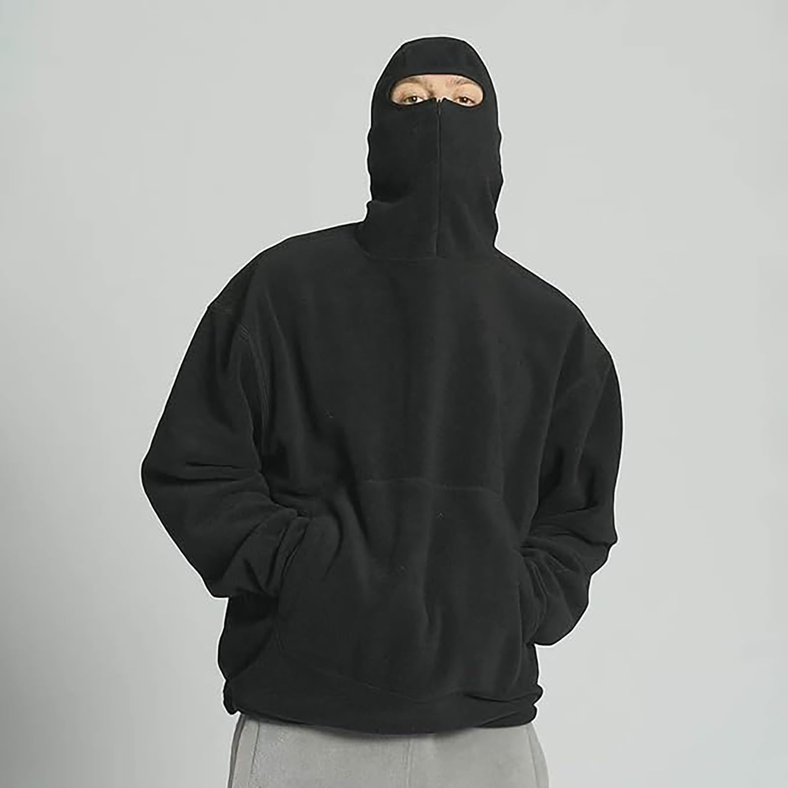 Balaclava Felpa con cappuccio da uomo con collo alto, Hip Hop, in pile, felpa con cappuccio, oversize, tinta unita, hood urbano, antivento, calda felpa in pile giapponese