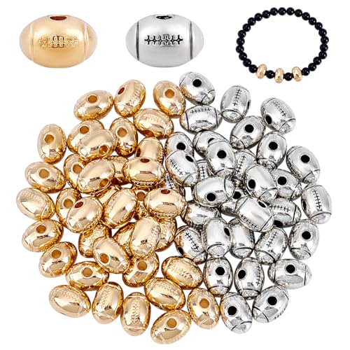 PH PandaHall 80pcs 2 Colors Football Beads 12x8mm Sports Beads Metal Football Charms Tibetan Alloy Beads Jewelry Making Findings for DIY Bracelets Necklaces Crafts Making Antique Golden/Silver