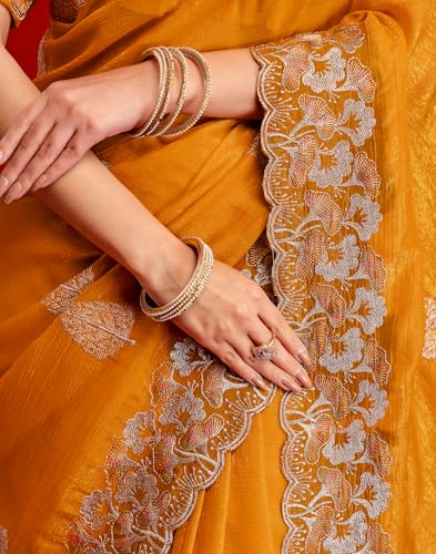 Image of SIRIL Women's Shimmer Chiffon Sequence Embroidery Saree With Unstitched Blouse Piece for Wedding and Parties