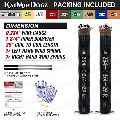 KaiMinDogz Pair of 1.75" Garage Door Torsion Springs Set with Non-Slip Winding Bars&Gloves, High Precision Electrophoresis Oil-Free Black Coated for Replacement, MIN 16,000 Cycles (0.234 x 1.75"x 29") by KaiMinDogz - Image 2
