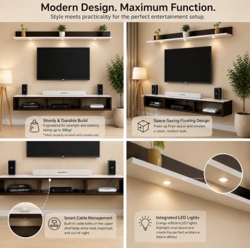 Image of Bros Moon Wall Mounted TV Cabinet Parallel Rooftop Model, Choco White, pre-Laminated, Wood, for Living Room, Suits TV up to 55 Inches (Choco White, Rooftop 48 Inches Base with Light)