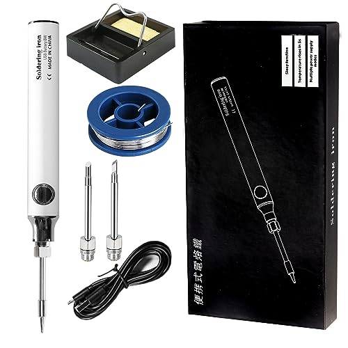 Treedix Soldering Iron Kit, 8W Welding Tools with Adjustable Temperature 330 to 450℃, Cordless Electric Soldering Iron/USB Charging Cable/Soldering Stand/3pcs Tips for Soldering and Repair (White)