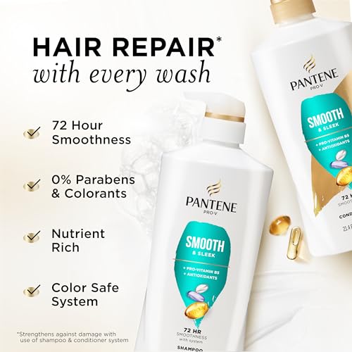 Pantene Shampoo & Conditioner Set, Smooth and Sleek - Frizz Control with Antioxidants, Nourishing for All Hair Types - Curly, Dry, Color-Treated, 52.8 Oz Total + Miracle Rescue Shot (0.5 Oz) - Image 3