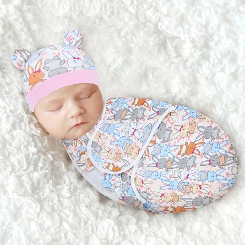 Image of Cinaci 2 Pieces Adjustable Soft Cotton Baby Swaddle Sleep Sacks Hats Newborn Nursery Caps Beanies Bonnets Swaddle Blanket Wraps for Baby Girls Boys Infants Newborns (2PCS S5)