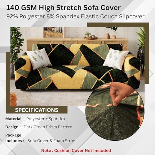 Image of Lukzer 5 Seater Sofa Cover - Dark Green Prism | Sofa Cover 3+1+1 Seater | 360 Fully Covered Anti-Slip Washable Couch Cover Protecter | 140 GSM Stretch Fit Polyester + Spandex Slipcover (SC-035-05)