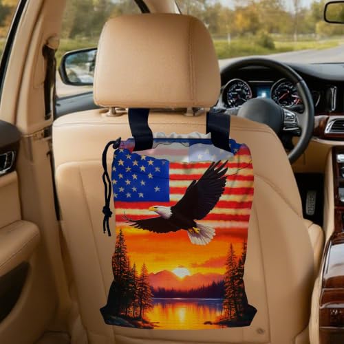Bald Eagle on American Flag Car Trash Bag,Sunset Mountain Forest Hanging Drawstring Car Garbage Bag,Canvas Car Back Seat Organizer with Adjustable Buckle for Men and Women
