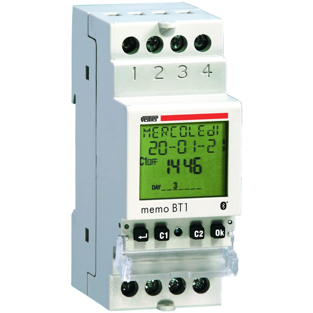 VEMER VE767600 MEMO BT1 – Interrupteur Horaire Numérique et Astronomique, Minuterie Digitale avec Bluetooth et APP Smartphone, 1 Canal, Montage Rail DIN, Blanc