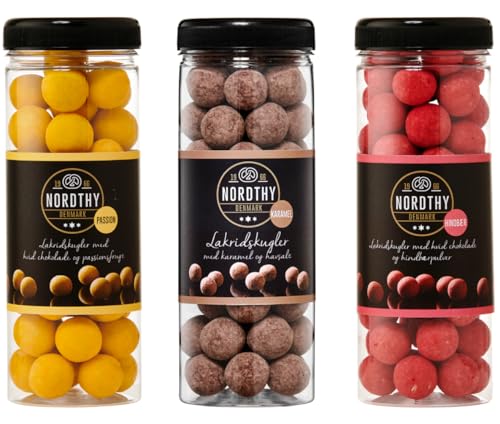 Nordthy Lakritzkugel Geschenkset 3x300g – Gourmet Lakritz in den Sorten Passionsfrucht, Himbeere & Salzkaramell