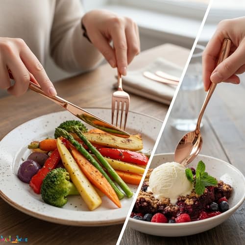 Image of Mirror Polished Rose Gold 8 Pcs Stainless Steel Cutlery Set for Dining Table, Dishwasher Safe Glossy Flatware (2 Spoon Set + 2 Forks Set + 2 Butter Knife + 2 Dessert Spoon)