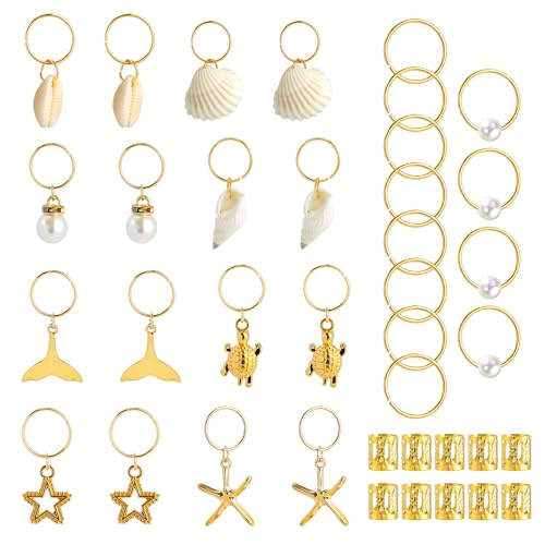 Eiodoni 40PCS Seashell Gold Hair Jewelry for Braids Dreadlocks Adjustable Hair Charms for Black Women Men Sturdy and Durable Hair Accessories for Beach Parties Photoshoots
