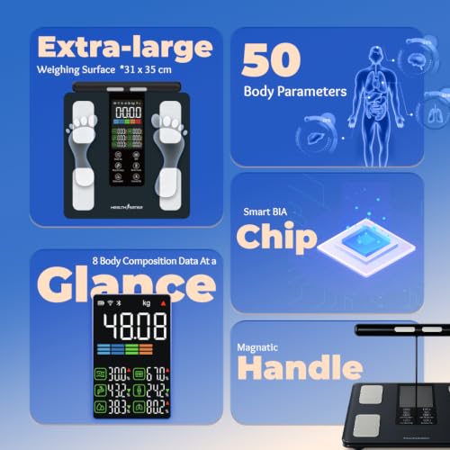 Image of HealthSense 8-Electrode Smart Full Body Composition Monitor & Fat Analyser | Digital Weight Machine with 50 Weighing Parameters, BIA Technology, App, Large 31x35 cm Platform, 180 kg Capacity | BS 225