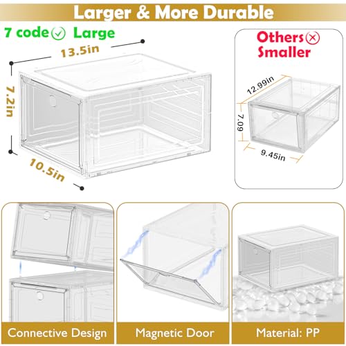 7 code Large Clear Shoe Boxes Organizer【Thicker Material】 Stronger Shoe Box with Magnetic Door, Stackable Shoe Storage Box for Closet, Foldable Space-Saving Storage Bins Shoe Cabinet, White 9 Pack
