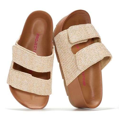 Project Cloud 100% Genuine Leather Beach Sandals for Girls - Comfortable with Plush & Soft Insole Wedge - Non Slip and Lightweight Toddler Sandals Girls Footwear (Pismo_K RAFFIA 2K)