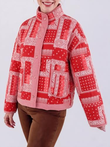 Tankaneo Womens Bandana Print Quilted Patchwork Jacket Paisley Warm Coat - image 3