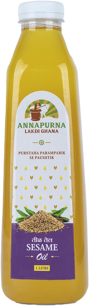 Pure Annapurna Lakdi Ghana Sesame Oil (1000 ml) | Kolhu, Kachi Ghani, Mara Chekku | 100% Pure, Cold Pressed | Wooden Pressed Natural Til Tel, Ideal for Cooking, Baby Massage & Hair Nourishment
