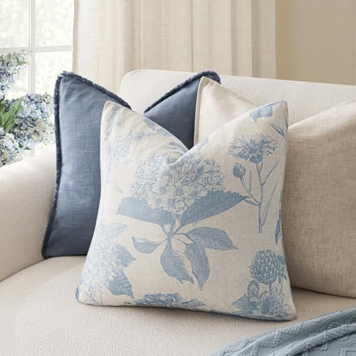 Image of Foindtower Set of 2 Linen Floral Vintage Throw Pillow Covers Neutral Accent Decorative Cozy Cushion Covers Farmhouse Boho Home Decor for Sofa Chair Couch Bedroom Living Room,22x22 Inch,Sky Blue