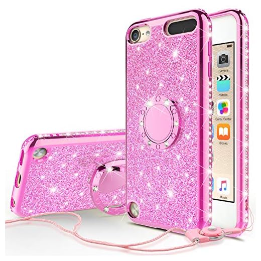 Galaxy Wireless Cases for New iPod Touch 7 Case, iPod 6/5 Case Glitter Bling Sparkle Ring Stand Case Compatible for Apple iPod Touch 5/6th/7th/New iPod Touch - Hot Pink