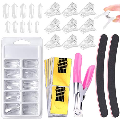 WXJ13 Nail Tips Clip for Nail Gel Quick Building Set with 10 Gel Nail Clips,100 Pcs False Nail Mold Extension,100 UV Gel Nail Art Tips Extension Forms,1 Nail Tip Clipper Cutter for Home Salon