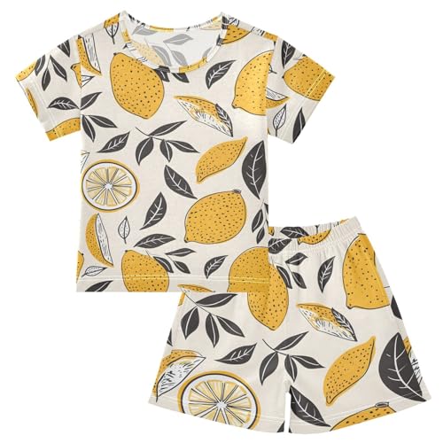 ALAZA Lemon Leaf Fruit Yellow Cartoon Pajamas Short Sleeve 2 Piece Sleepwear Top and Bottom Pajama Set Unisex