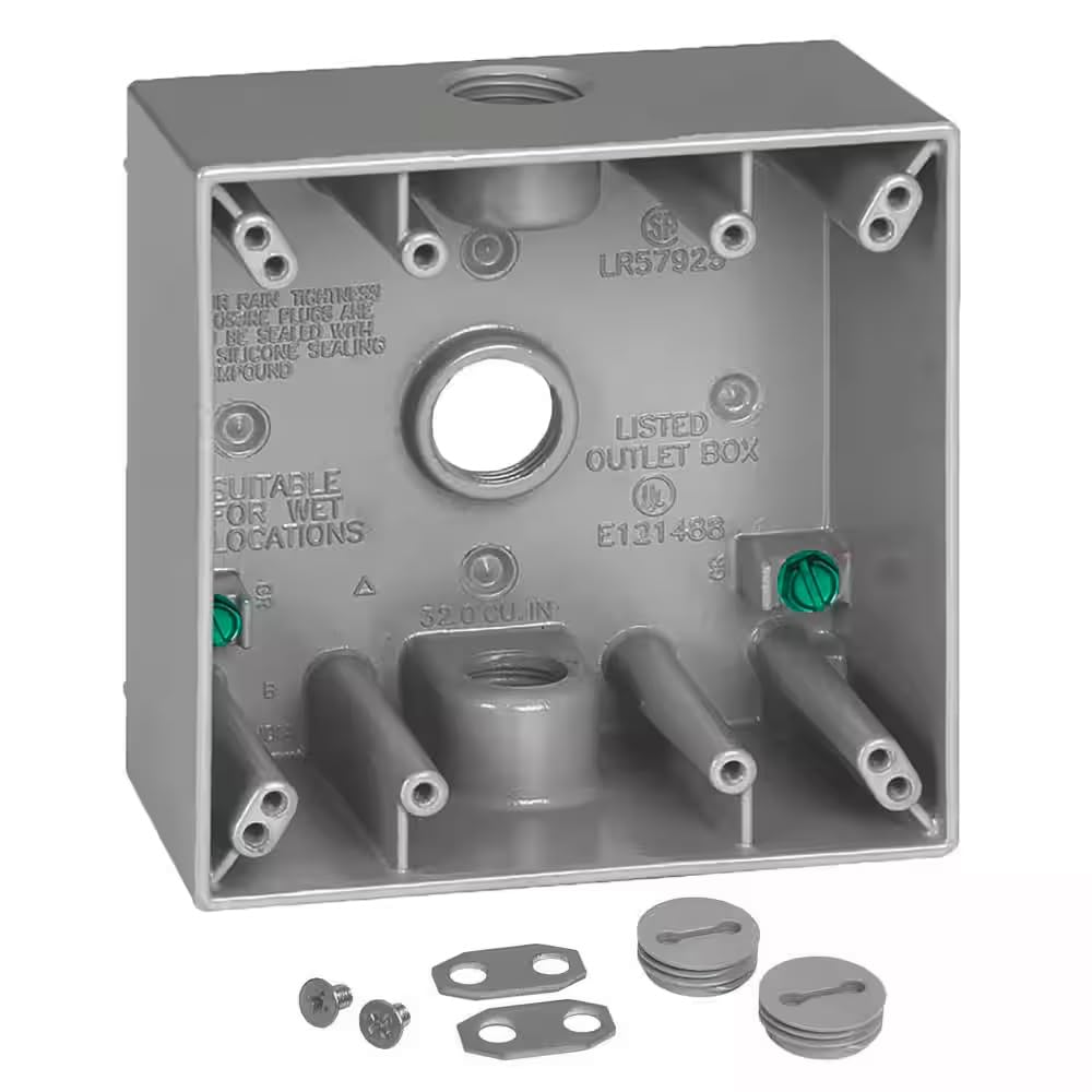 Commercial Electric 2-Gang Metal Weatherproof Electrical Outlet Box with (3) 1/2 inch Holes, Gray 12350