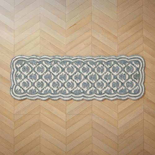 Laura Ashley Washable Scalloped Rug 20" x 60" Teal Tulip Design Skid Resistant Runner Rug - Durable Cotton Blend Indoor Rug