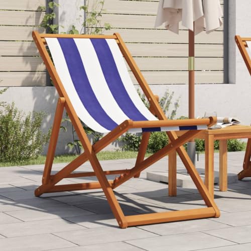 HANJIEFACAI Strandstuhl Klappbar Blau Weiß Massivholz Eukalyptus und...
