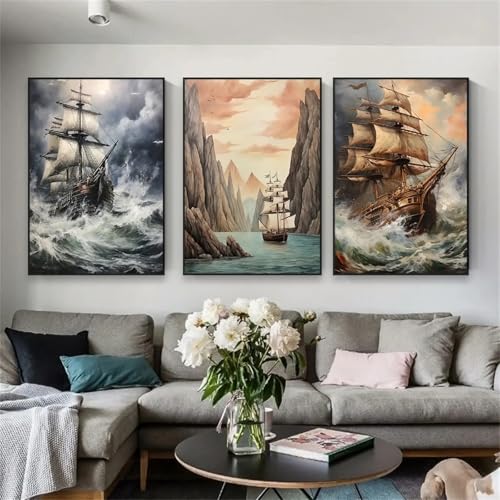 Toile vintage bateau tempête peinture rétro vagues de l'océan