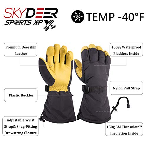 SKYDEER Waterproof Cold Weather Deerskin Leather Winter Ski Gloves (SD8648T/XL)