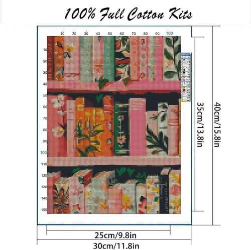 Image of Bookshelf Cross Stitch Kits, Embroidery Starter Kit for Adult Beginners, 11CT Cross-Stitch Patterns Dimensions Kit Arts，Needlepoint Kit Crafts for Home Decor 15.7x11.8 inch