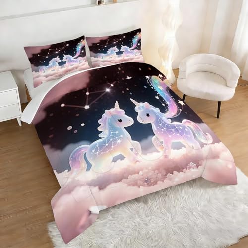 Image of Rainbow Unicorn Comforter Set Twin Size 3D Colorful Stars Cloud Bedding Sets for Boys Girls Kids Teens Bedroom Cartoon Kawaii Animal Quilt 1 Comforter 1 Pillowcase