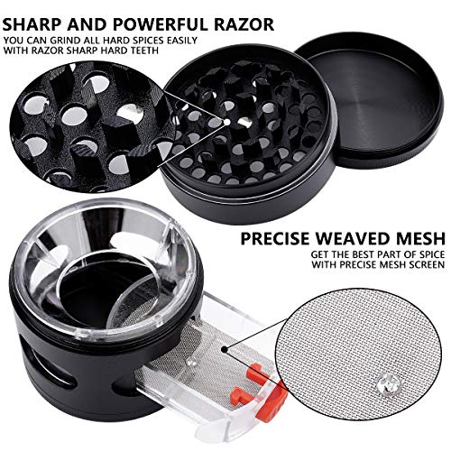 Herb Grinder, Yokilly 4-Piece Black Spice Grinder with Pollen Catcher, Zinc Alloy Manual Grinder with Handle, Clear Top Grinder with Drawer, 2.5 Inches Grinder Hand Cranked