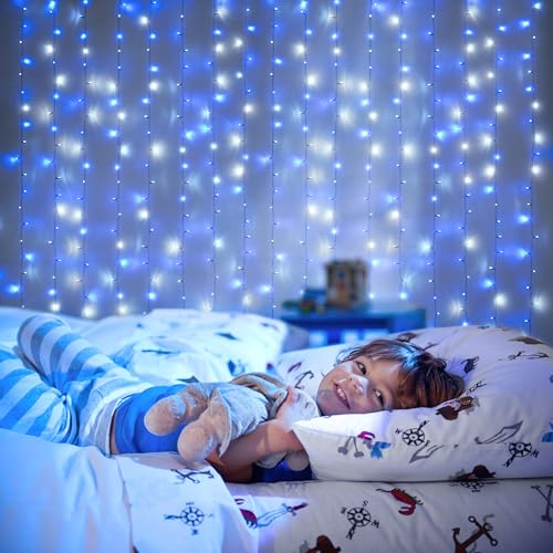 Image of JMEXSUSS 300LED Christmas Curtain Lights Plug in, Blue and White, 9.8x9.8ft