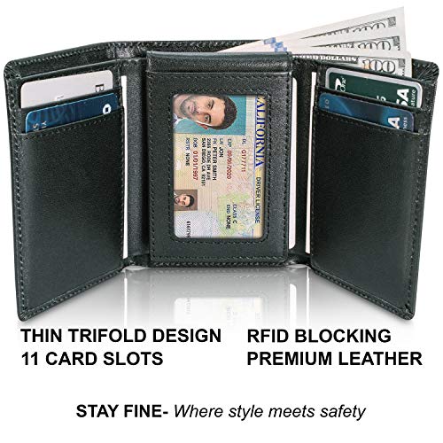 STAY FINE Men’s Leather RFID Trifold Wallet with Flip Up ID, Slim Extra Capacity Card Holder, Gift Ready, Black2