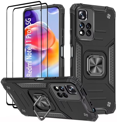 KANSi Funda para Xiaomi Redmi Note 11 Pro+ Plus, Cristal Vidrio Templado [2 Piezas] Capa Anillo iman Soporte Hard PC y Silicona TPU Antigolpes Armor Carcasa - Negro